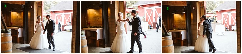 Premier Snohomish & Seattle Wedding Photographer | GSquared Weddings Photography A bride and groom share their first look at a rustic Snohomish venue. In three panels, the bride enters, touches the groom’s shoulder, and they smile at each other by a barn with red doors at their Seattle wedding. 47.9129° N, 122.0982° W | Serving Snohomish, Seattle , Orlando & Beyond