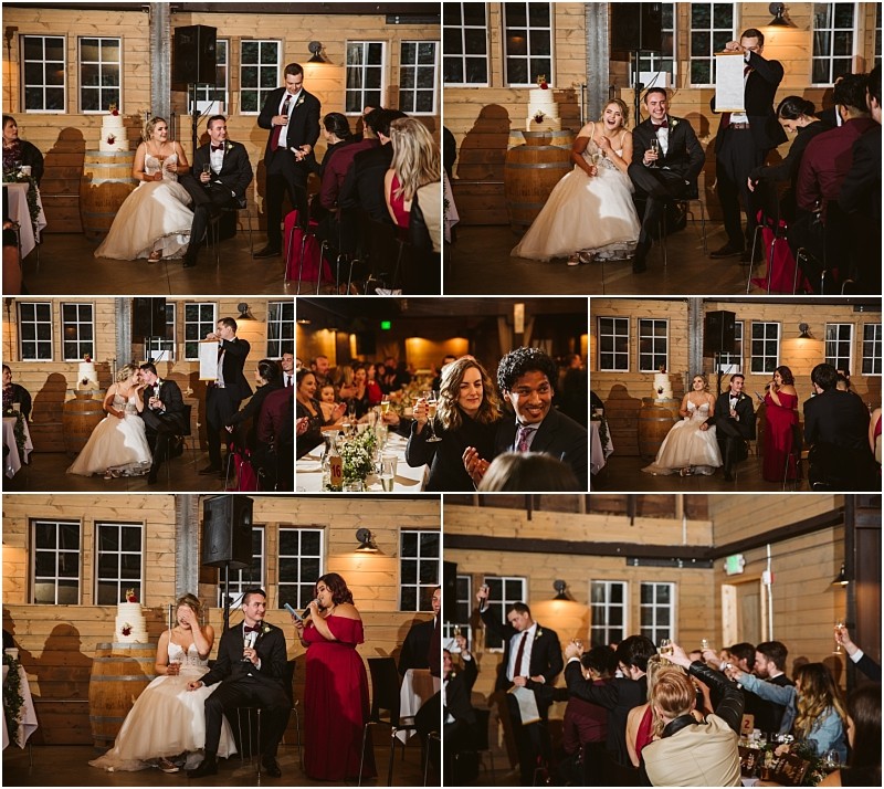 Premier Snohomish & Seattle Wedding Photographer | GSquared Weddings Photography A collage of six photos at a Snohomish wedding reception shows a couple seated while guests give speeches, laugh, and applaud in a warmly lit rustic venue with wooden walls and festive decor. 47.9129° N, 122.0982° W | Serving Snohomish, Seattle , Orlando & Beyond