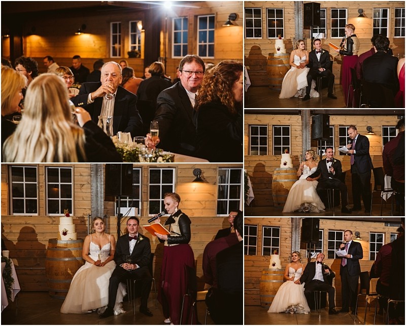 Premier Snohomish & Seattle Wedding Photographer | GSquared Weddings Photography A collage of five photos at a Snohomish wedding reception shows guests seated at tables and people giving speeches to a bride and groom who are sitting together in front of a rustic wooden wall with wedding cakes. 47.9129° N, 122.0982° W | Serving Snohomish, Seattle , Orlando & Beyond