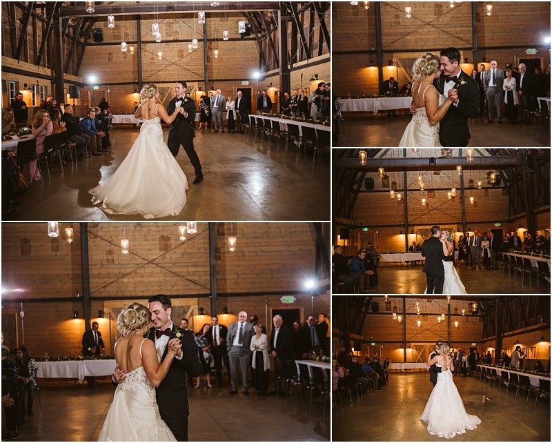 Premier Snohomish & Seattle Wedding Photographer | GSquared Weddings Photography A bride and groom share their first dance in a rustic, warmly lit Snohomish barn, surrounded by guests who watch from their seats. Multiple angles capture the couple dancing and embracing on the wooden floor. 47.9129° N, 122.0982° W | Serving Snohomish, Seattle , Orlando & Beyond