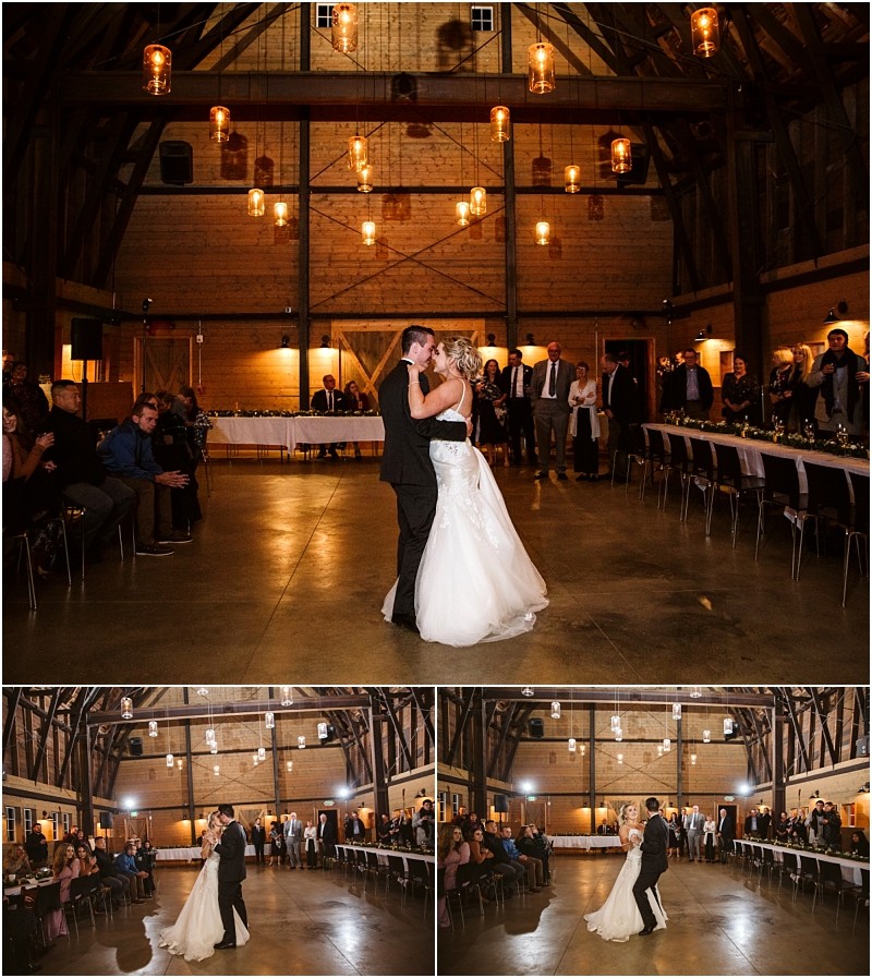 Premier Snohomish & Seattle Wedding Photographer | GSquared Weddings Photography A bride and groom share their first dance in a warmly lit Snohomish barn venue, watched by seated guests. Two smaller images below capture different angles of the dance, surrounded by friends and family at this Seattle wedding. 47.9129° N, 122.0982° W | Serving Snohomish, Seattle , Orlando & Beyond