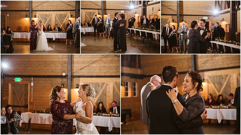 Premier Snohomish & Seattle Wedding Photographer | GSquared Weddings Photography A collage of five photos captures emotional dances at a Snohomish wedding reception, featuring the bride, groom, and their parents dancing in a warmly lit rustic venue with wooden walls and white tablecloths. 47.9129° N, 122.0982° W | Serving Snohomish, Seattle , Orlando & Beyond