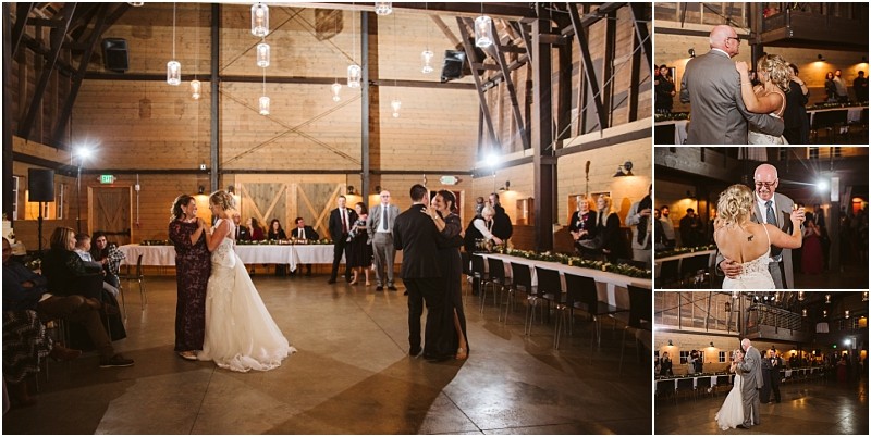 Premier Snohomish & Seattle Wedding Photographer | GSquared Weddings Photography A Snohomish wedding reception in a rustic barn. The main image shows couples dancing on a spacious floor, while smaller images on the right capture emotional moments of a bride dancing with her father. Perfect for Seattle wedding and engagement inspiration. 47.9129° N, 122.0982° W | Serving Snohomish, Seattle , Orlando & Beyond