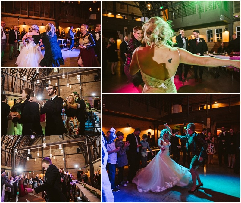 Premier Snohomish & Seattle Wedding Photographer | GSquared Weddings Photography A collage of five photos showing wedding guests and a bride and groom dancing in a warmly lit rustic barn venue near Snohomish, with joyful expressions and colorful lighting at this Seattle wedding. 47.9129° N, 122.0982° W | Serving Snohomish, Seattle , Orlando & Beyond