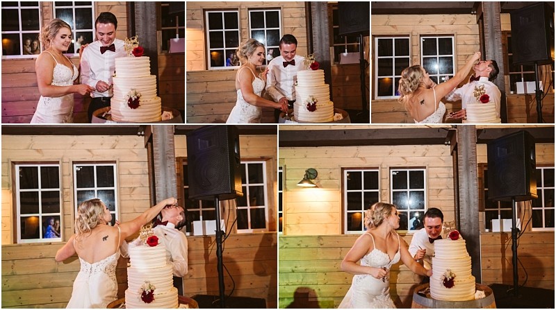 Premier Snohomish & Seattle Wedding Photographer | GSquared Weddings Photography A Snohomish bride and groom in formal wedding attire playfully feed each other cake and laugh in front of a large, tiered wedding cake inside a rustic wooden Seattle wedding venue. 47.9129° N, 122.0982° W | Serving Snohomish, Seattle , Orlando & Beyond