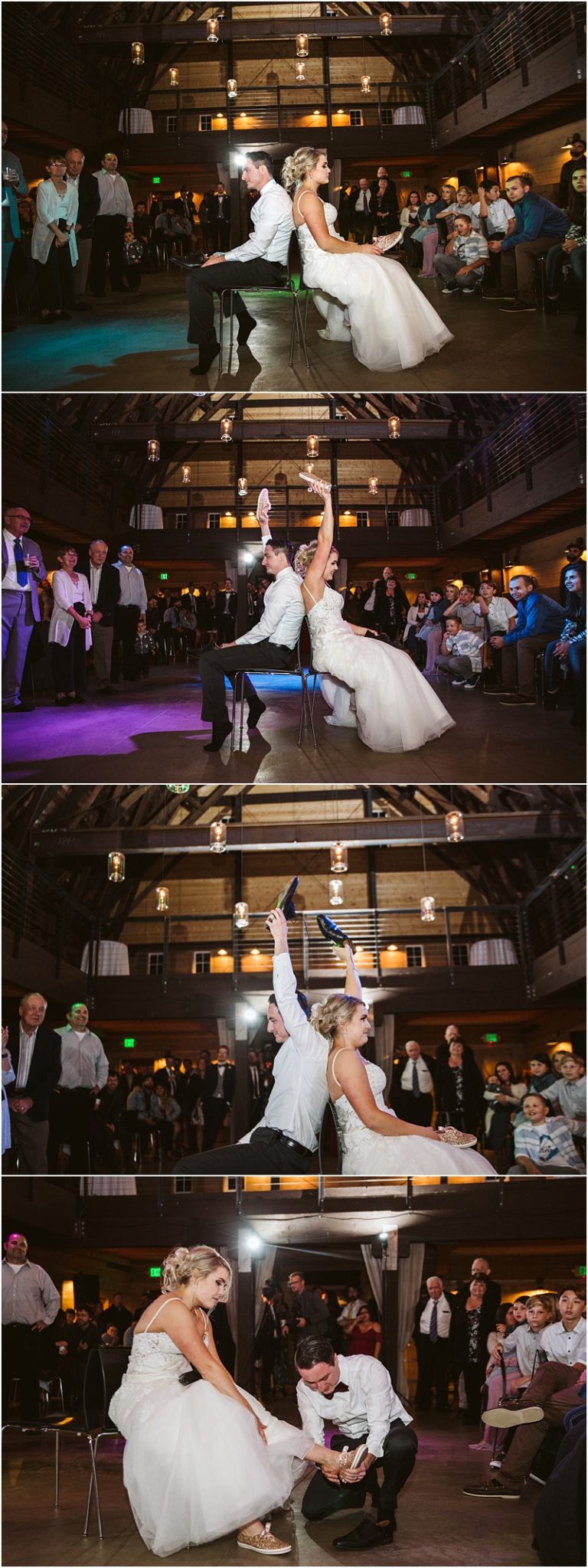 Premier Snohomish & Seattle Wedding Photographer | GSquared Weddings Photography A bride and groom play the shoe game at their Snohomish wedding reception, sitting back to back on chairs, laughing and raising shoes, surrounded by guests watching and smiling in a warmly lit venue. 47.9129° N, 122.0982° W | Serving Snohomish, Seattle , Orlando & Beyond