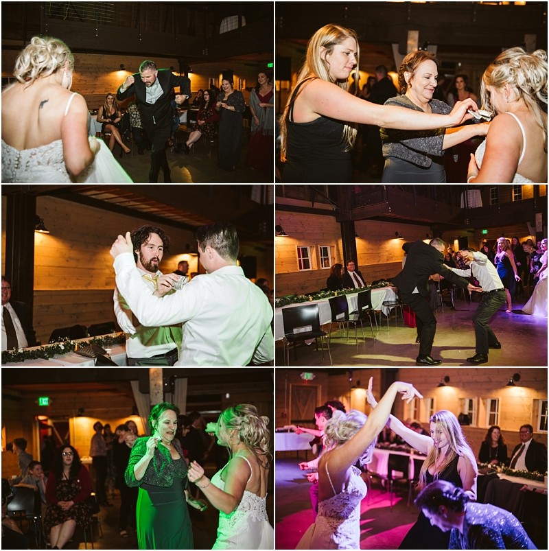 Premier Snohomish & Seattle Wedding Photographer | GSquared Weddings Photography A collage of six photos showing guests dancing, laughing, and celebrating at a lively Snohomish wedding reception with warm lighting and a rustic, wooden interior. 47.9129° N, 122.0982° W | Serving Snohomish, Seattle , Orlando & Beyond