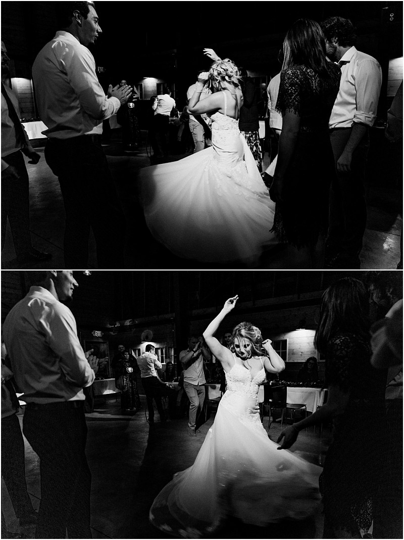 Premier Snohomish & Seattle Wedding Photographer | GSquared Weddings Photography Two black-and-white photos show a bride in a flowing gown joyfully dancing at her Snohomish wedding reception, surrounded by guests clapping and watching her on the dance floor. 47.9129° N, 122.0982° W | Serving Snohomish, Seattle , Orlando & Beyond