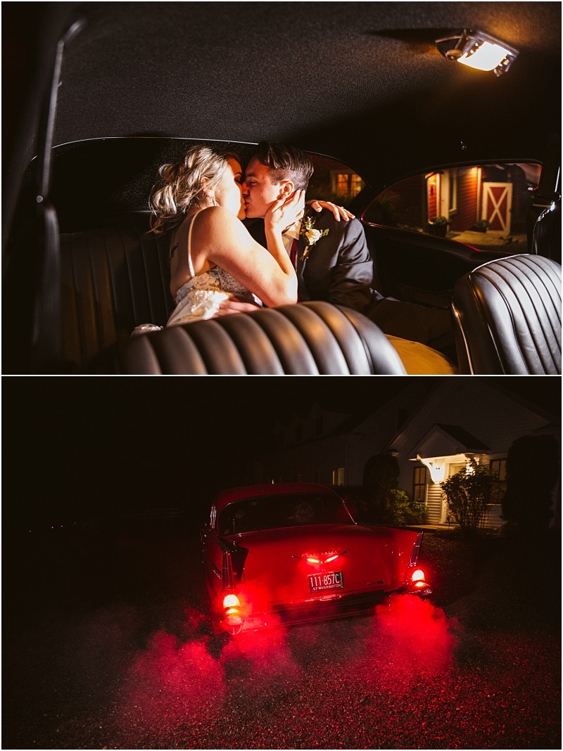 Premier Snohomish & Seattle Wedding Photographer | GSquared Weddings Photography A newlywed couple shares a kiss in the backseat of a classic car at night after their Snohomish Seattle wedding; in the second image, the red car drives away, its taillights glowing and exhaust smoke illuminated in the darkness. 47.9129° N, 122.0982° W | Serving Snohomish, Seattle , Orlando & Beyond