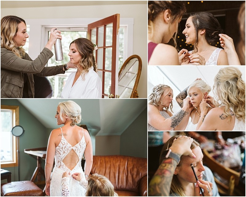 Premier Snohomish & Seattle Wedding Photographer | GSquared Weddings Photography A collage of brides getting ready: hairstylists style hair, makeup artists apply makeup, and brides in white dresses prepare for their Snohomish or Seattle wedding day in bright indoor settings. 47.9129° N, 122.0982° W | Serving Snohomish, Seattle , Orlando & Beyond