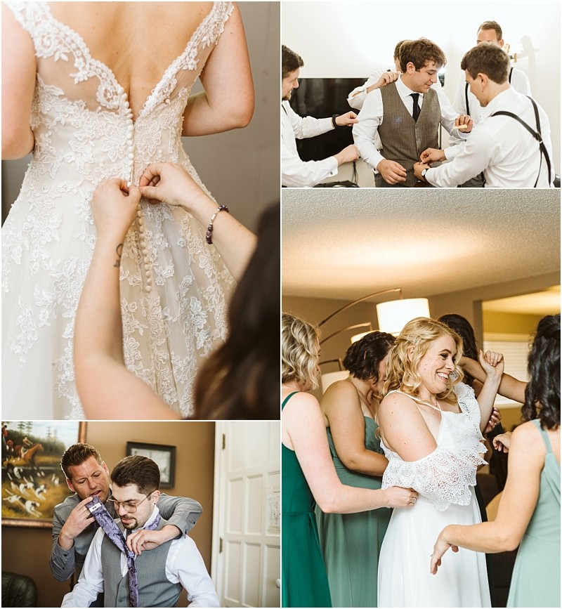 Premier Snohomish & Seattle Wedding Photographer | GSquared Weddings Photography A collage of Snohomish wedding preparation scenes: a bride’s dress being buttoned, groomsmen helping with ties, and bridesmaids assisting a smiling bride with her gown and accessories before a Seattle engagement. 47.9129° N, 122.0982° W | Serving Snohomish, Seattle , Orlando & Beyond