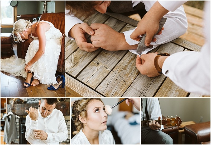 Premier Snohomish & Seattle Wedding Photographer | GSquared Weddings Photography A collage of Snohomish wedding prep: a bride puts on shoes, a groom adjusts his cufflinks, another man buttons a shirt, the bride has makeup applied, and someone plays a guitar—capturing the spirit of Seattle engagement moments. 47.9129° N, 122.0982° W | Serving Snohomish, Seattle , Orlando & Beyond