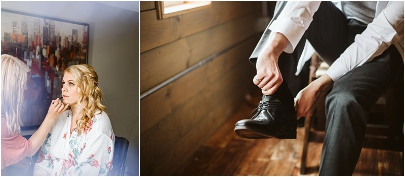 Premier Snohomish & Seattle Wedding Photographer | GSquared Weddings Photography A woman gets her makeup done in a softly lit room before a Snohomish Seattle wedding, while a man in dress pants and a white shirt sits on a chair, tying his black shoes. 47.9129° N, 122.0982° W | Serving Snohomish, Seattle , Orlando & Beyond