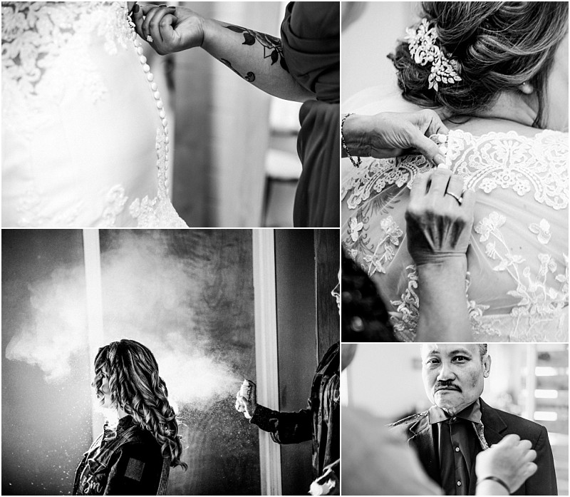 Premier Snohomish & Seattle Wedding Photographer | GSquared Weddings Photography A collage of black and white photos captures Snohomish Seattle wedding preparations: a bride’s dress being buttoned, her hair styled, delicate lace details adjusted, and a man’s tie straightened before engagement celebrations begin. 47.9129° N, 122.0982° W | Serving Snohomish, Seattle , Orlando & Beyond