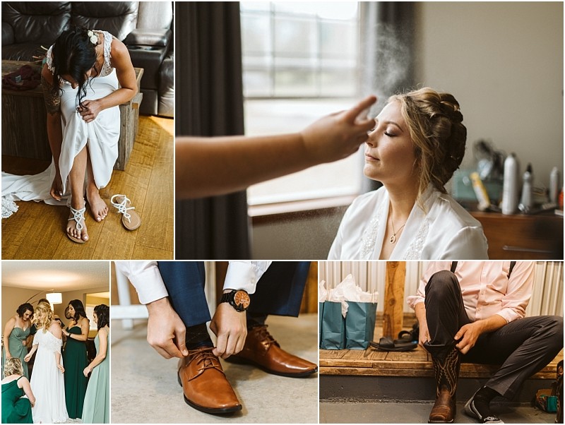 Premier Snohomish & Seattle Wedding Photographer | GSquared Weddings Photography A collage of Snohomish wedding prep: a bride puts on sandals, has her hair sprayed, and chats with bridesmaids, while a groom ties brown shoes and puts on boots. 47.9129° N, 122.0982° W | Serving Snohomish, Seattle , Orlando & Beyond