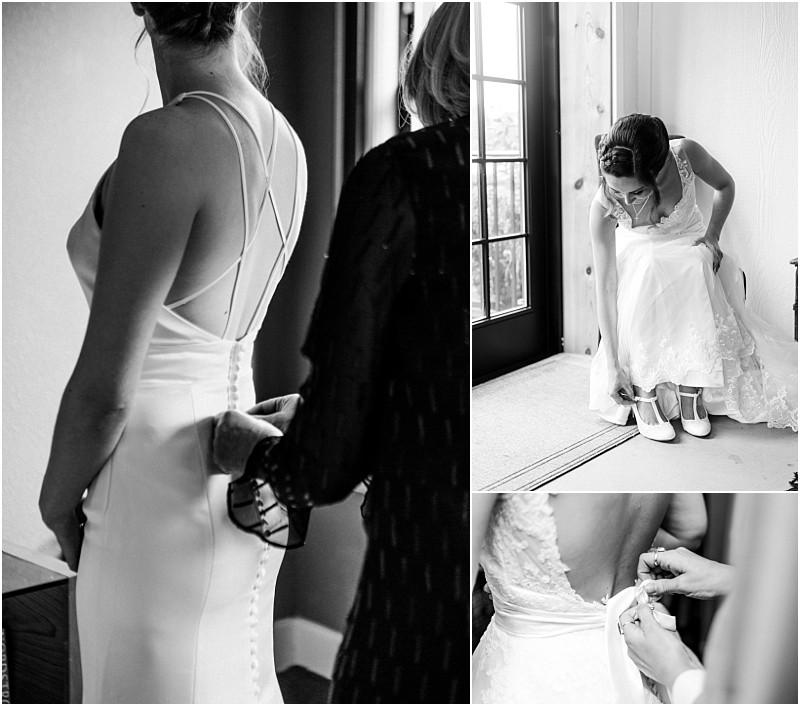 Premier Snohomish & Seattle Wedding Photographer | GSquared Weddings Photography A collage of three black-and-white photos from a Snohomish Seattle wedding shows a bride getting ready: one captures her dress being buttoned, another her adjusting her shoes, and the third a close-up of hands fastening her gown. 47.9129° N, 122.0982° W | Serving Snohomish, Seattle , Orlando & Beyond