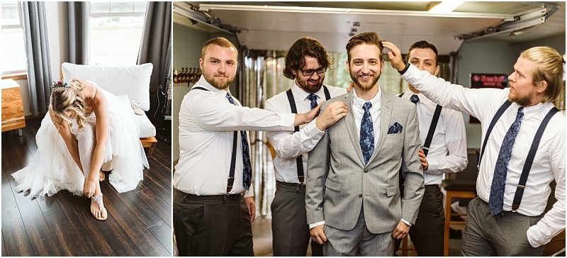 Premier Snohomish & Seattle Wedding Photographer | GSquared Weddings Photography In a bright room, a bride ties her sandal on the bed while four groomsmen help the groom adjust his suit and tie, all smiling and laughing—capturing joyful moments before their Snohomish Seattle wedding engagement. 47.9129° N, 122.0982° W | Serving Snohomish, Seattle , Orlando & Beyond