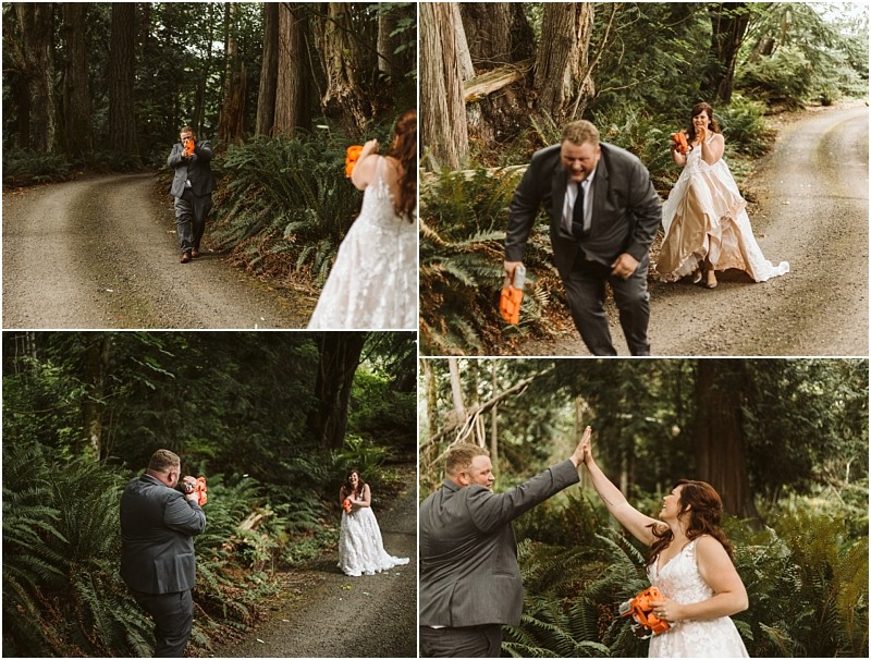 Premier Snohomish & Seattle Wedding Photographer | GSquared Weddings Photography A bride surprises her groom on a lush forest path near Snohomish Seattle, playfully aiming orange toy guns at him. Laughter echoes among the trees and ferns as they share a joyful high-five during their unforgettable engagement. 47.9129° N, 122.0982° W | Serving Snohomish, Seattle , Orlando & Beyond