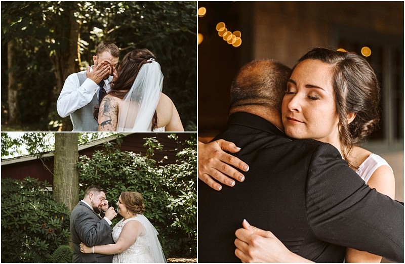 Premier Snohomish & Seattle Wedding Photographer | GSquared Weddings Photography A collage of three Snohomish wedding photos: a groom wipes tears as he sees the bride, a bride hugs an older man, and a bride and groom smile at each other while holding hands outdoors. 47.9129° N, 122.0982° W | Serving Snohomish, Seattle , Orlando & Beyond