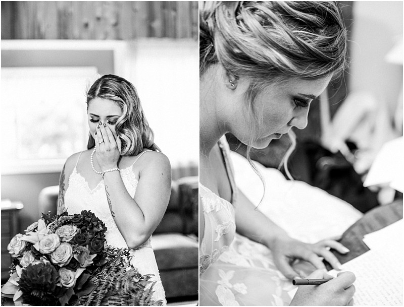 Premier Snohomish & Seattle Wedding Photographer | GSquared Weddings Photography Black and white photos of a bride: on the left, she holds a bouquet and wipes a tear; on the right, she writes a letter. Both images capture emotion and anticipation at this Snohomish Seattle wedding. 47.9129° N, 122.0982° W | Serving Snohomish, Seattle , Orlando & Beyond
