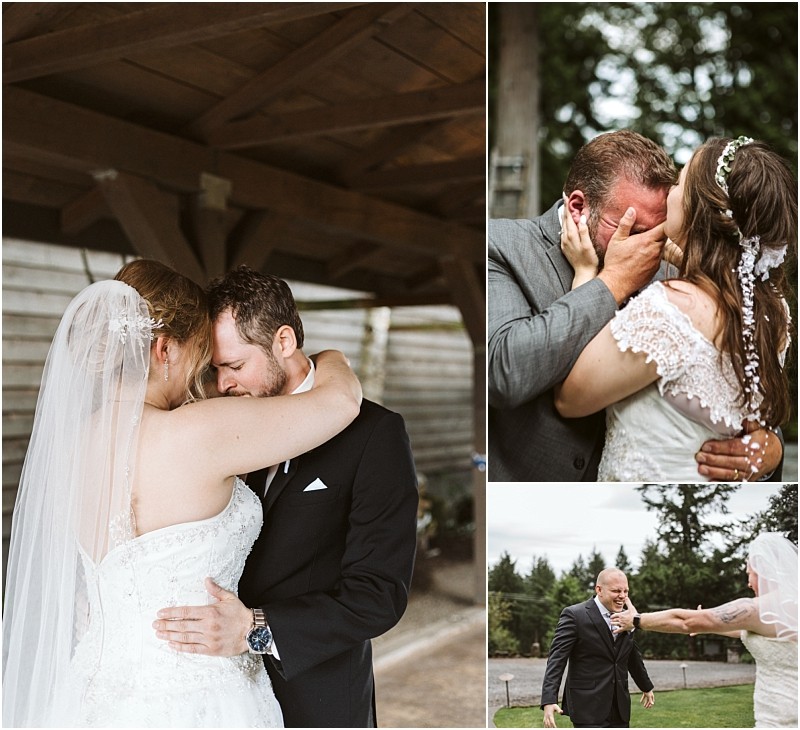Premier Snohomish & Seattle Wedding Photographer | GSquared Weddings Photography A collage of three Snohomish wedding photos shows an emotional couple. The bride and groom embrace closely, touch foreheads, wipe away tears, and hold hands outdoors, both wearing wedding attire. 47.9129° N, 122.0982° W | Serving Snohomish, Seattle , Orlando & Beyond