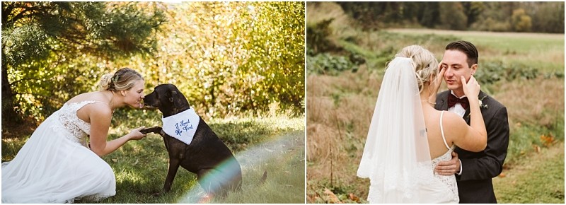 Premier Snohomish & Seattle Wedding Photographer | GSquared Weddings Photography Two side-by-side photos: on the left, a bride in a white dress smiles and holds paws with a black dog in an "I Loved Her First" bandana; on the right, the couple shares a tender moment at their Snohomish Seattle wedding. 47.9129° N, 122.0982° W | Serving Snohomish, Seattle , Orlando & Beyond