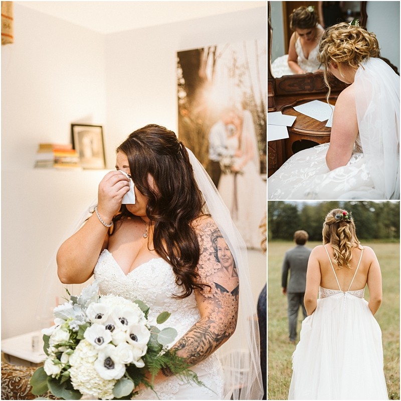 Premier Snohomish & Seattle Wedding Photographer | GSquared Weddings Photography A bride in a white dress wipes away tears indoors, holding a bouquet at her Snohomish Seattle wedding. Nearby photos show her reading a note at the piano and walking outside with a man, capturing heartfelt engagement moments. 47.9129° N, 122.0982° W | Serving Snohomish, Seattle , Orlando & Beyond