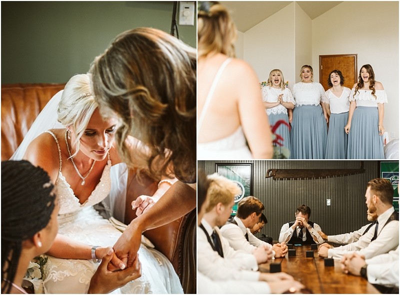 Premier Snohomish & Seattle Wedding Photographer | GSquared Weddings Photography A collage of three Snohomish wedding photos: a bride sits holding hands supportively, bridesmaids in white tops and blue skirts react with joy, and groomsmen in white shirts sit around a table, one covering his face emotionally. 47.9129° N, 122.0982° W | Serving Snohomish, Seattle , Orlando & Beyond