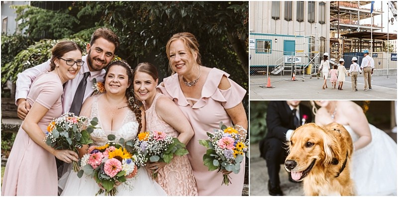 Premier Snohomish & Seattle Wedding Photographer | GSquared Weddings Photography A collage showing a joyful Snohomish Seattle wedding party posing with bouquets, a group walking near a construction site, and a golden retriever in front of the bride in her white dress. 47.9129° N, 122.0982° W | Serving Snohomish, Seattle , Orlando & Beyond