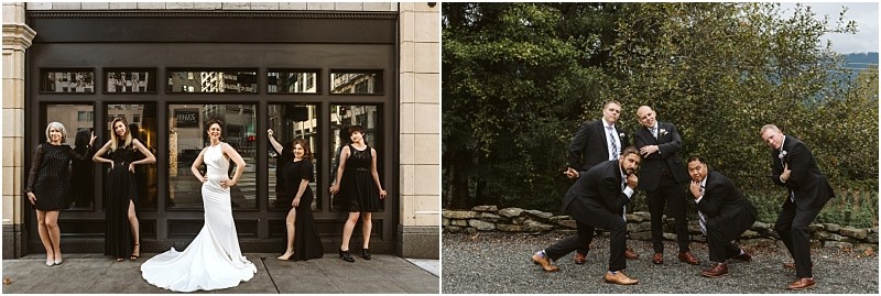 Premier Snohomish & Seattle Wedding Photographer | GSquared Weddings Photography Side-by-side photos: On the left, a bride in a white dress poses confidently with four women in black dresses. On the right, five groomsmen strike playful poses outdoors by trees and a stone wall at this Snohomish Seattle wedding. 47.9129° N, 122.0982° W | Serving Snohomish, Seattle , Orlando & Beyond