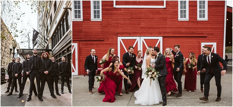Premier Snohomish & Seattle Wedding Photographer | GSquared Weddings Photography Two group wedding photos: left, people in black suits pose on a city street; right, a joyful Snohomish wedding party in dark suits and burgundy dresses surrounds the couple kissing by a bright red barn. 47.9129° N, 122.0982° W | Serving Snohomish, Seattle , Orlando & Beyond