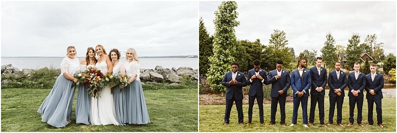 Premier Snohomish & Seattle Wedding Photographer | GSquared Weddings Photography Two side-by-side photos: on the left, a bride with four bridesmaids in blue skirts and white tops stands by water at a Snohomish Seattle wedding; on the right, seven groomsmen in navy suits pose together outdoors. 47.9129° N, 122.0982° W | Serving Snohomish, Seattle , Orlando & Beyond