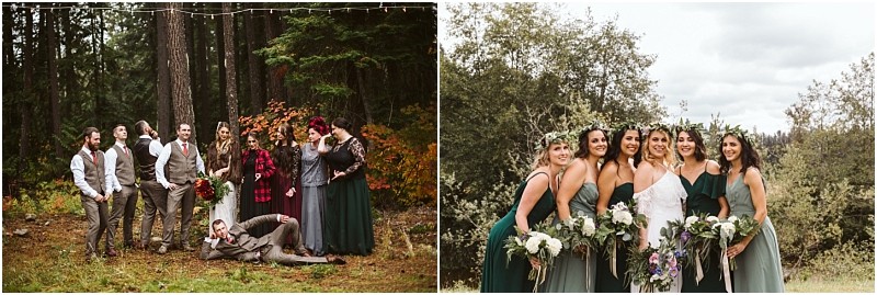 Premier Snohomish & Seattle Wedding Photographer | GSquared Weddings Photography Two wedding party photos: on the left, a group in formal and casual attire pose playfully in a Snohomish forest; on the right, seven women in green dresses and white gowns smile with bouquets, capturing a joyful Seattle wedding engagement. 47.9129° N, 122.0982° W | Serving Snohomish, Seattle , Orlando & Beyond