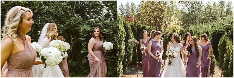 Premier Snohomish & Seattle Wedding Photographer | GSquared Weddings Photography Two photos show smiling bridesmaids in mauve and lavender dresses holding white bouquets, walking outdoors amid greenery and trees on a sunny day at a lovely Snohomish Seattle wedding. 47.9129° N, 122.0982° W | Serving Snohomish, Seattle , Orlando & Beyond