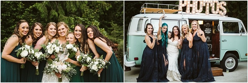 Premier Snohomish & Seattle Wedding Photographer | GSquared Weddings Photography Left: Seven women in dark green dresses smile and hold bouquets outdoors. Right: Five women in dark dresses pose playfully next to a vintage light blue van with a PHOTOS sign—capturing Snohomish Seattle wedding fun. 47.9129° N, 122.0982° W | Serving Snohomish, Seattle , Orlando & Beyond