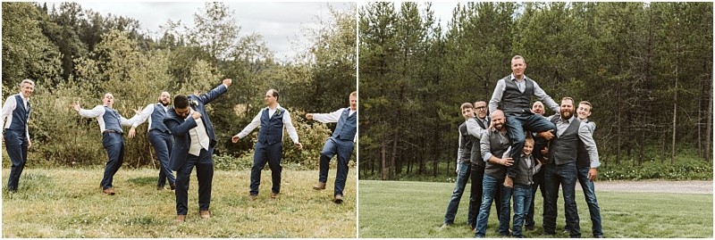 Premier Snohomish & Seattle Wedding Photographer | GSquared Weddings Photography Two side-by-side photos of six men outdoors in suits and vests at a Snohomish Seattle wedding. On the left, they celebrate and laugh; on the right, they lift one man onto another’s shoulders, all smiling and having fun on a grassy field with trees behind. 47.9129° N, 122.0982° W | Serving Snohomish, Seattle , Orlando & Beyond