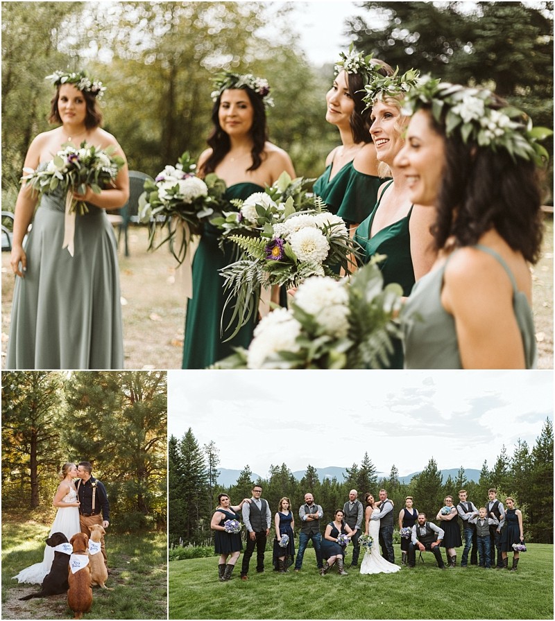 Premier Snohomish & Seattle Wedding Photographer | GSquared Weddings Photography A collage shows bridesmaids in sage green dresses with floral crowns, a bride and groom posing by wooden bear carvings, and a Snohomish Seattle wedding party standing together outdoors with mountains and trees in the background. 47.9129° N, 122.0982° W | Serving Snohomish, Seattle , Orlando & Beyond