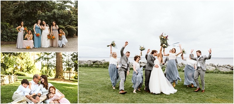 Premier Snohomish & Seattle Wedding Photographer | GSquared Weddings Photography A collage of three photos: Snohomish bridesmaids posing outdoors, a family sitting on grass under trees, and a joyful Seattle wedding party celebrating on a lawn near the water. 47.9129° N, 122.0982° W | Serving Snohomish, Seattle , Orlando & Beyond