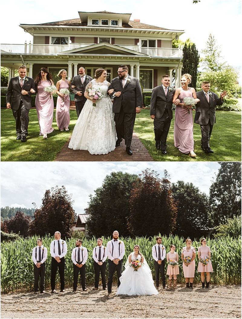 Premier Snohomish & Seattle Wedding Photographer | GSquared Weddings Photography Two wedding party photos from a Snohomish Seattle wedding: Top, bride and groom walk with bridesmaids in pink and groomsmen in dark suits on a lawn. Bottom, the group poses by tall corn plants in white and pink attire. 47.9129° N, 122.0982° W | Serving Snohomish, Seattle , Orlando & Beyond
