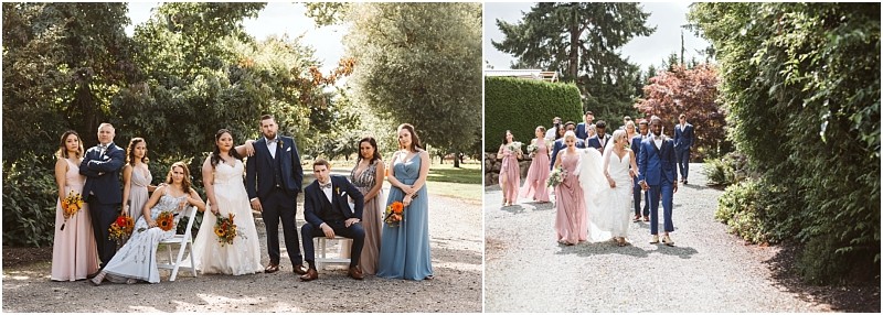 Premier Snohomish & Seattle Wedding Photographer | GSquared Weddings Photography Two Snohomish wedding party photos: on the left, a seated bride and groom pose with bridesmaids and groomsmen in formal attire; on the right, the group walks outside on a gravel path surrounded by greenery and trees. 47.9129° N, 122.0982° W | Serving Snohomish, Seattle , Orlando & Beyond