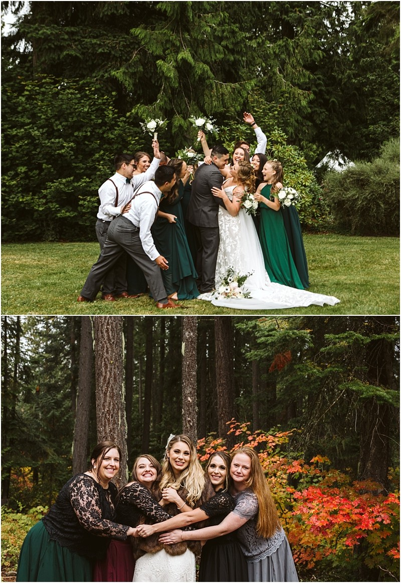 Premier Snohomish & Seattle Wedding Photographer | GSquared Weddings Photography Two outdoor Snohomish wedding photos: Top—bride and groom embrace, surrounded by joyful wedding party in green dresses and suspenders on grass. Bottom—bride hugs bridesmaids in a Seattle woodland setting with colorful autumn leaves. 47.9129° N, 122.0982° W | Serving Snohomish, Seattle , Orlando & Beyond