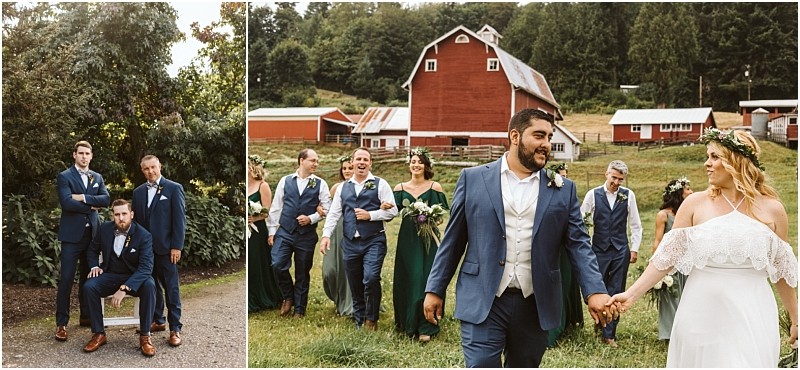 Premier Snohomish & Seattle Wedding Photographer | GSquared Weddings Photography Two Snohomish wedding photos: on the left, four men in blue suits pose outdoors; on the right, a bride and groom walk hand-in-hand with their wedding party by red barns and green trees near Seattle. 47.9129° N, 122.0982° W | Serving Snohomish, Seattle , Orlando & Beyond