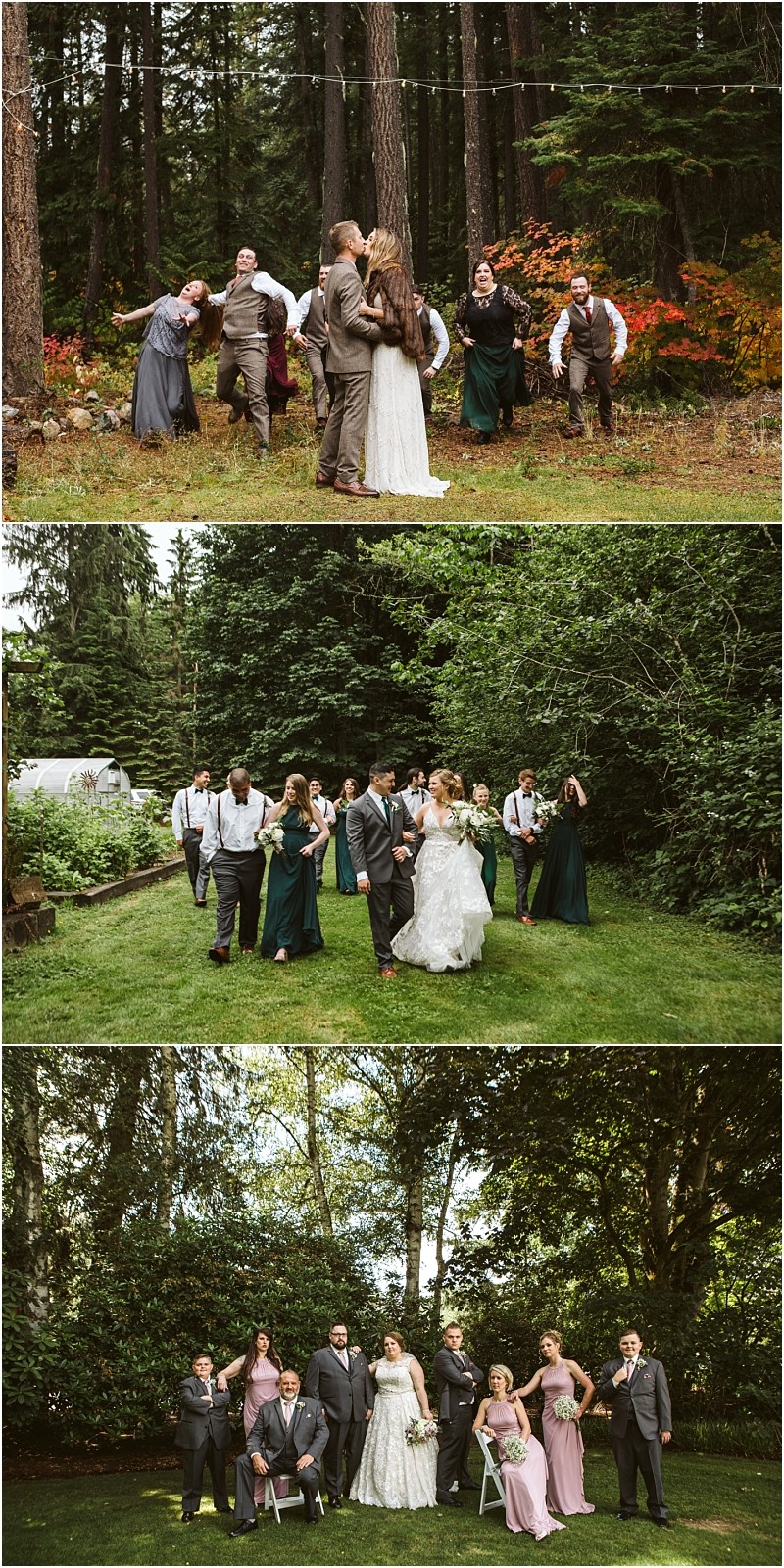 Premier Snohomish & Seattle Wedding Photographer | GSquared Weddings Photography Three photos of a Snohomish wedding party outdoors: the group poses playfully in a forest; then walks together on grass; and finally sits and stands in a formal pose under tall green trees. 47.9129° N, 122.0982° W | Serving Snohomish, Seattle , Orlando & Beyond