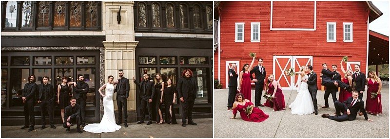 Premier Snohomish & Seattle Wedding Photographer | GSquared Weddings Photography Side-by-side photos capture Snohomish and Seattle wedding parties. On the left, the group in black poses by a stone building; on the right, burgundy attire shines before a red barn. Both scenes highlight a radiant bride in white. 47.9129° N, 122.0982° W | Serving Snohomish, Seattle , Orlando & Beyond