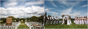 Premier Snohomish & Seattle Wedding Photographer | GSquared Weddings Photography A split image: left side shows an outdoor Snohomish wedding setup with white chairs and a wooden sign; right side features a bride and groom kissing under an arch, surrounded by their wedding party, all beneath a blue Seattle sky. 47.9129° N, 122.0982° W | Serving Snohomish, Seattle , Orlando & Beyond