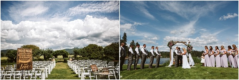 Premier Snohomish & Seattle Wedding Photographer | GSquared Weddings Photography A split image: left side shows an outdoor Snohomish wedding setup with white chairs and a wooden sign; right side features a bride and groom kissing under an arch, surrounded by their wedding party, all beneath a blue Seattle sky. 47.9129° N, 122.0982° W | Serving Snohomish, Seattle , Orlando & Beyond