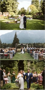 Premier Snohomish & Seattle Wedding Photographer | GSquared Weddings Photography Three outdoor Snohomish wedding scenes: a couple walking by a pond, a ceremony with mountains in the background, and a bride and groom joyfully walking down the aisle surrounded by guests and bridesmaids. 47.9129° N, 122.0982° W | Serving Snohomish, Seattle , Orlando & Beyond