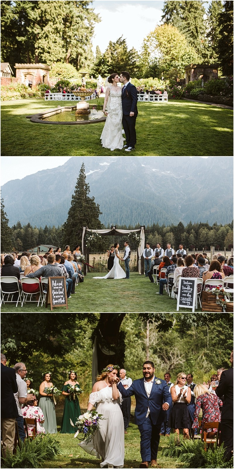 Premier Snohomish Seattle Wedding Photographer | GSquared Weddings Photography Three outdoor Snohomish wedding scenes a couple walking by a pond a ceremony with mountains in the background and a bride and groom joyfully walking down the aisle surrounded by guests and bridesmaids 479129° N 1220982° W | Serving Snohomish Seattle Orlando Beyond Premier Snohomish & Seattle Wedding Photographer | GSquared Weddings Photography Three outdoor Snohomish wedding scenes a couple walking by a pond a ceremony with mountains in the background and a bride and groom joyfully walking down the aisle surrounded by guests and bridesmaids 479129° N 1220982° W | Serving Snohomish Seattle Orlando & Beyond