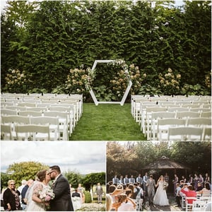 Premier Snohomish & Seattle Wedding Photographer | GSquared Weddings Photography Three wedding scenes: Top—white chairs arranged outdoors facing a hexagonal floral arch; Bottom left—a couple kissing, surrounded by guests; Bottom right—a bride and groom walk down an aisle at a beautiful Snohomish Seattle wedding. 47.9129° N, 122.0982° W | Serving Snohomish, Seattle , Orlando & Beyond