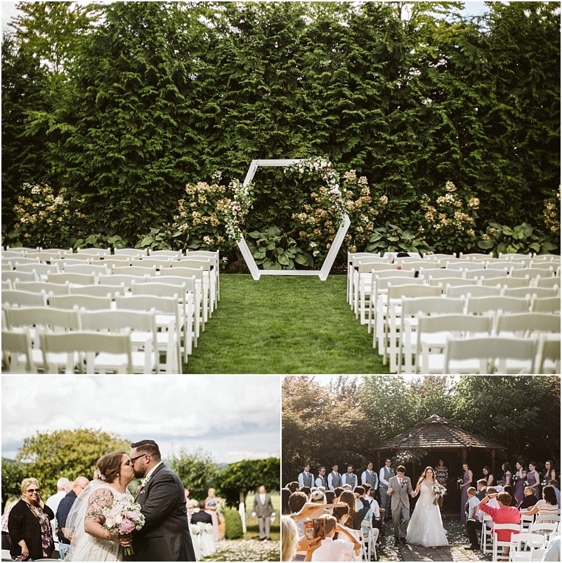 Premier Snohomish & Seattle Wedding Photographer | GSquared Weddings Photography Three wedding scenes: Top—white chairs arranged outdoors facing a hexagonal floral arch; Bottom left—a couple kissing, surrounded by guests; Bottom right—a bride and groom walk down an aisle at a beautiful Snohomish Seattle wedding. 47.9129° N, 122.0982° W | Serving Snohomish, Seattle , Orlando & Beyond